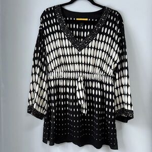 St. John Small Silk Black & White Geometric Print Beaded Tunic Resortwear Chic